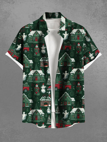 Gothic Plus Size Christmas Tree Santa Claus Snowman Ghost Print Buttons Pocket Shirt For Men