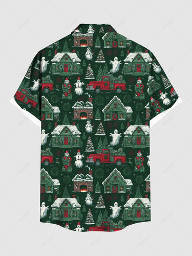 Gothic Plus Size Christmas Tree Santa Claus Snowman Ghost Print Buttons Pocket Shirt For Men