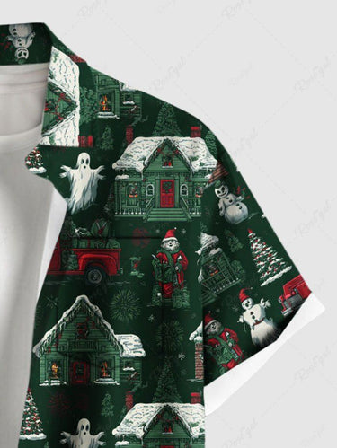 Gothic Plus Size Christmas Tree Santa Claus Snowman Ghost Print Buttons Pocket Shirt For Men