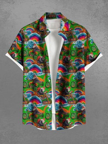 Gothic Plus Size Christmas Santa Claus Bike Rainbow Print Buttons Pocket Shirt For Men