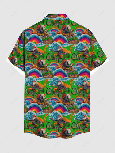 Gothic Plus Size Christmas Santa Claus Bike Rainbow Print Buttons Pocket Shirt For Men