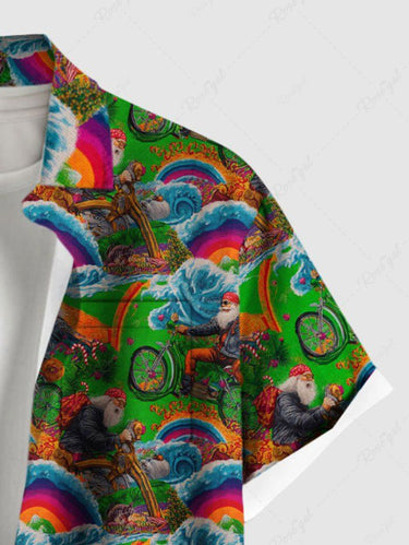Gothic Plus Size Christmas Santa Claus Bike Rainbow Print Buttons Pocket Shirt For Men