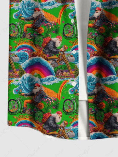 Gothic Plus Size Christmas Santa Claus Bike Rainbow Print Buttons Pocket Shirt For Men