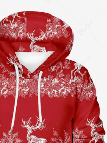 Gothic Plus Size Christmas Elk Snowflake Print Drawstring Pockets Hoodie For Men