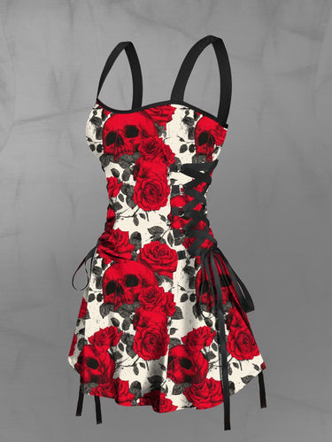 Gothic Rose Flower Leaf Skulls Print Lace Up Tank Dress