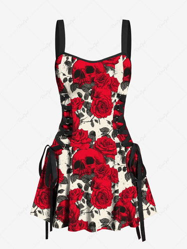 Gothic Rose Flower Leaf Skulls Print Lace Up Tank Dress