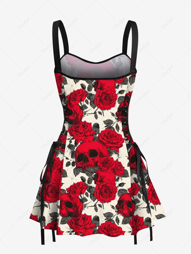 Gothic Rose Flower Leaf Skulls Print Lace Up Tank Dress