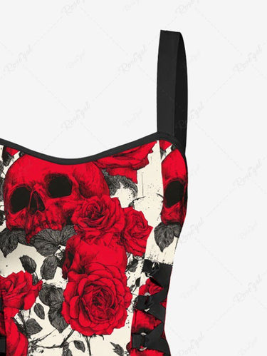 Gothic Rose Flower Leaf Skulls Print Lace Up Tank Dress