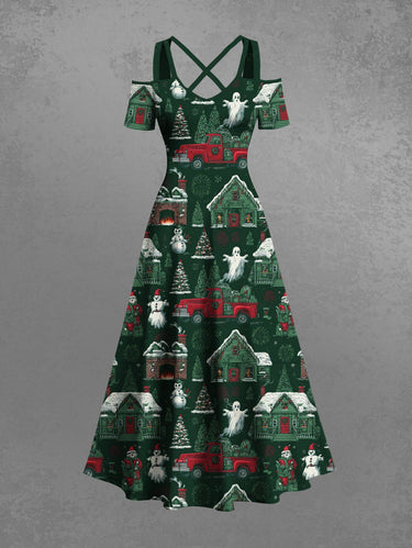 Gothic Plus Size Christmas Tree Santa Claus Snowman Ghost Print Cold Shoulder Crisscross Maxi Dress