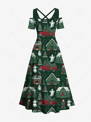 Gothic Plus Size Christmas Tree Santa Claus Snowman Ghost Print Cold Shoulder Crisscross Maxi Dress