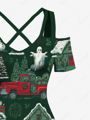 Gothic Plus Size Christmas Tree Santa Claus Snowman Ghost Print Cold Shoulder Crisscross Maxi Dress
