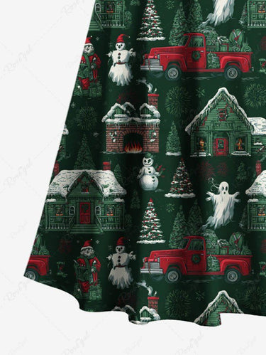 Gothic Plus Size Christmas Tree Santa Claus Snowman Ghost Print Cold Shoulder Crisscross Maxi Dress