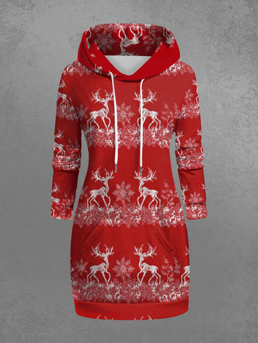 Gothic Plus Size Christmas Elk Snowflake Print Drawstring Pockets Hoodie