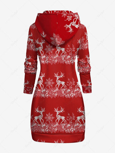 Gothic Plus Size Christmas Elk Snowflake Print Drawstring Pockets Hoodie