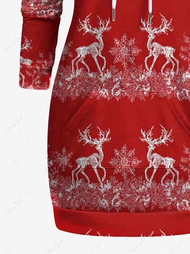 Gothic Plus Size Christmas Elk Snowflake Print Drawstring Pockets Hoodie