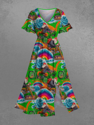 Gothic Plus Size Christmas Santa Claus Bike Rainbow Print Split Midi Dress