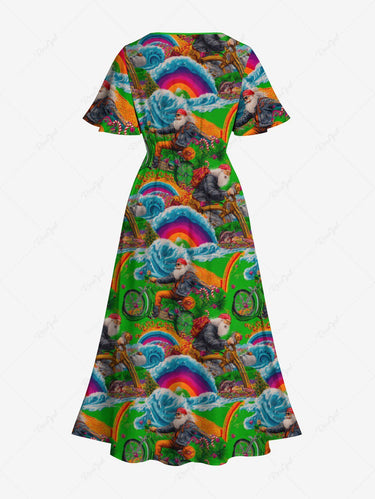 Gothic Plus Size Christmas Santa Claus Bike Rainbow Print Split Midi Dress