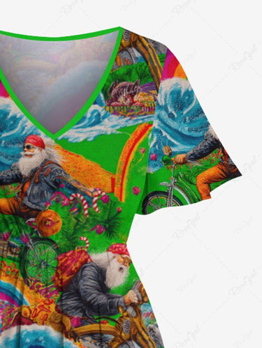 Gothic Plus Size Christmas Santa Claus Bike Rainbow Print Split Midi Dress