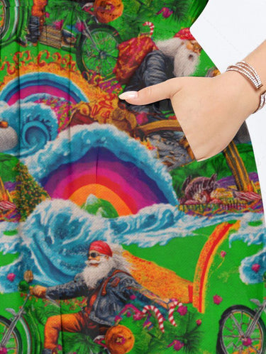 Gothic Plus Size Christmas Santa Claus Bike Rainbow Print Split Midi Dress
