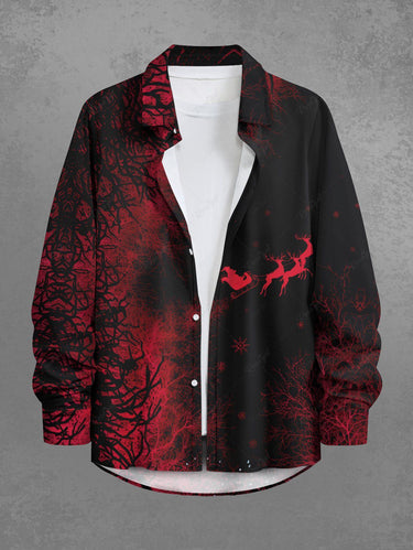 Gothic Plus Size Christmas Elk Santa Claus Sled Print Buttons Pocket Shirt For Men