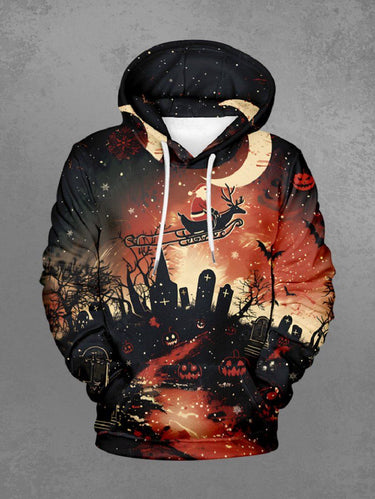 Gothic Plus Size Christmas Moon Santa Claus Elk Sled Pumpkin Tomb Print Drawsring Pockets Hoodie For Men