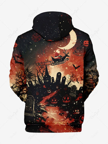 Gothic Plus Size Christmas Moon Santa Claus Elk Sled Pumpkin Tomb Print Drawsring Pockets Hoodie For Men