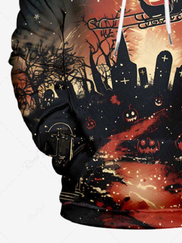 Gothic Plus Size Christmas Moon Santa Claus Elk Sled Pumpkin Tomb Print Drawsring Pockets Hoodie For Men