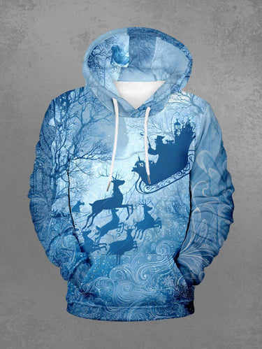 Gothic Plus Size Christmas Elk Santa Claus Sled Trees Print Drawstring Pockets Hoodie For Men