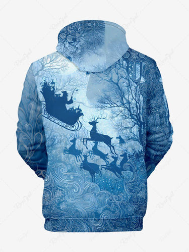 Gothic Plus Size Christmas Elk Santa Claus Sled Trees Print Drawstring Pockets Hoodie For Men