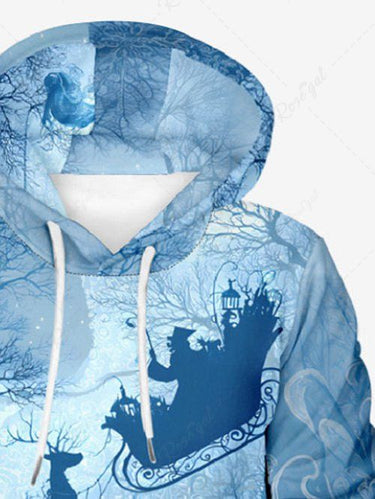 Gothic Plus Size Christmas Elk Santa Claus Sled Trees Print Drawstring Pockets Hoodie For Men