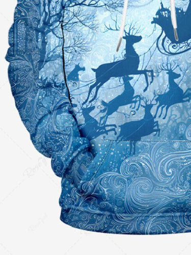 Gothic Plus Size Christmas Elk Santa Claus Sled Trees Print Drawstring Pockets Hoodie For Men