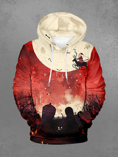 Gothic Plus Size Christmas Santa Claus Sled Moon Tomb Print Drawstring Pockets Hoodie For Men