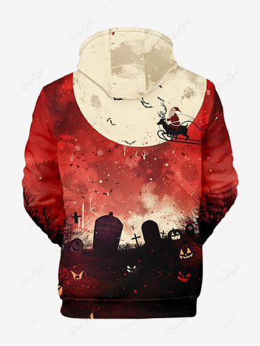 Gothic Plus Size Christmas Santa Claus Sled Moon Tomb Print Drawstring Pockets Hoodie For Men