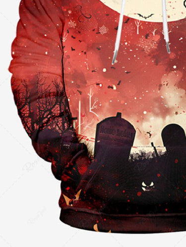 Gothic Plus Size Christmas Santa Claus Sled Moon Tomb Print Drawstring Pockets Hoodie For Men
