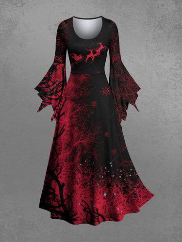 Gothic Christmas Elk Santa Claus Sled Print Flare Sleeves Midi Dress