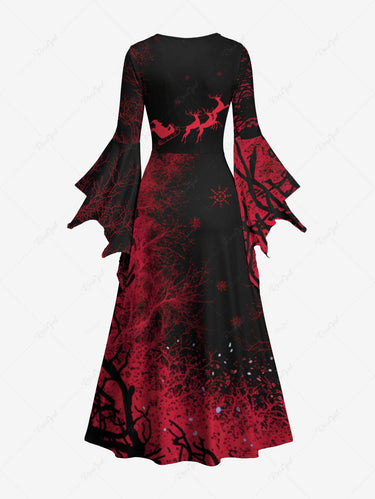 Gothic Christmas Elk Santa Claus Sled Print Flare Sleeves Midi Dress