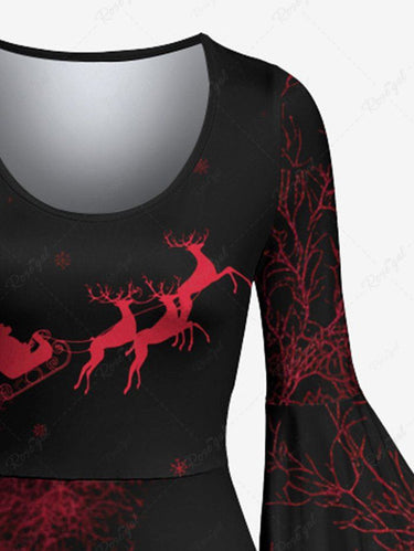 Gothic Christmas Elk Santa Claus Sled Print Flare Sleeves Midi Dress