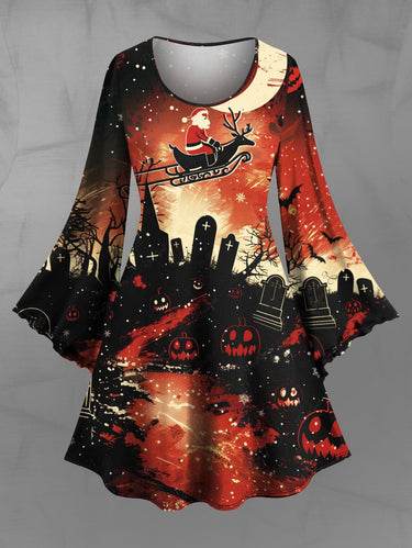 Gothic Plus Size Christmas Moon Santa Claus Elk Sled Pumpkin Tomb Print Flare Sleeves Dress
