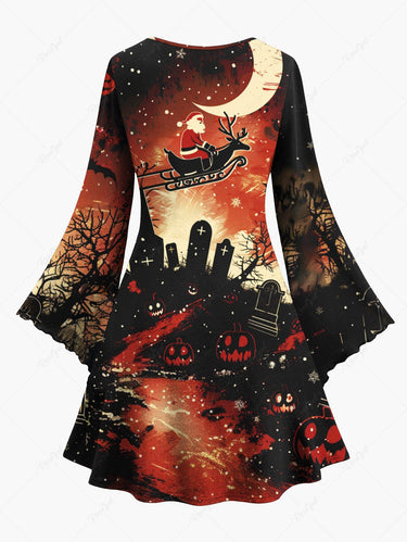 Gothic Plus Size Christmas Moon Santa Claus Elk Sled Pumpkin Tomb Print Flare Sleeves Dress
