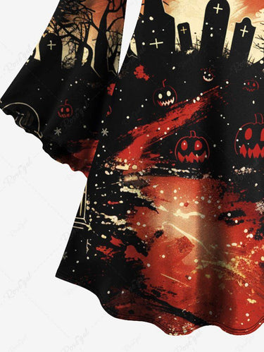 Gothic Plus Size Christmas Moon Santa Claus Elk Sled Pumpkin Tomb Print Flare Sleeves Dress