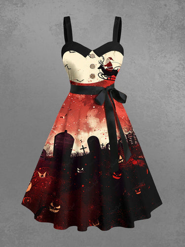 Gothic Plus Size Christmas Santa Claus Sled Moon Tomb Print Buttons Turn Down Collar Dress With Belt