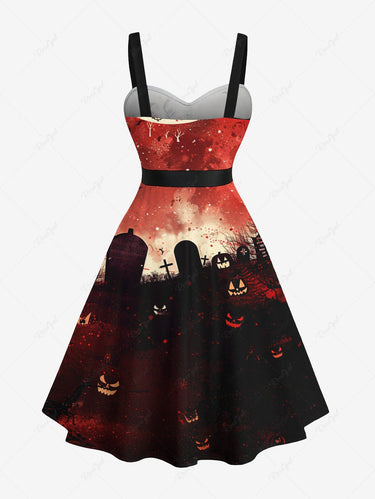 Gothic Plus Size Christmas Santa Claus Sled Moon Tomb Print Buttons Turn Down Collar Dress With Belt