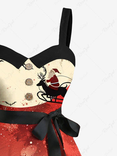 Gothic Plus Size Christmas Santa Claus Sled Moon Tomb Print Buttons Turn Down Collar Dress With Belt