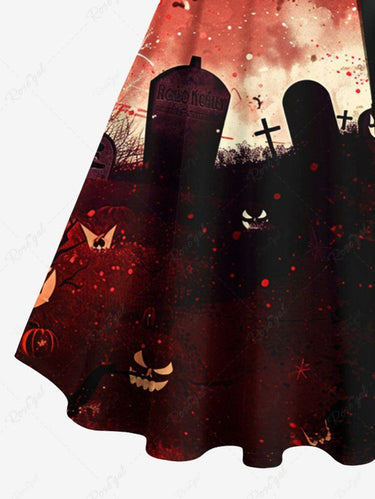 Gothic Plus Size Christmas Santa Claus Sled Moon Tomb Print Buttons Turn Down Collar Dress With Belt