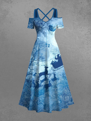 Gothic Plus Size Christmas Elk Santa Claus Sled Trees Print Cold Shoulder Crisscross Maxi Dress