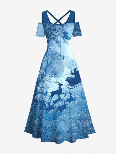 Gothic Plus Size Christmas Elk Santa Claus Sled Trees Print Cold Shoulder Crisscross Maxi Dress