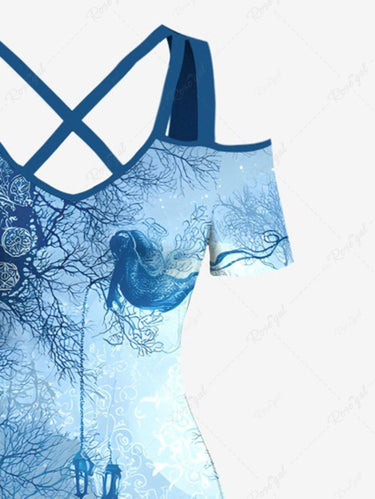 Gothic Plus Size Christmas Elk Santa Claus Sled Trees Print Cold Shoulder Crisscross Maxi Dress