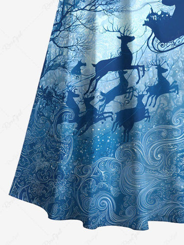 Gothic Plus Size Christmas Elk Santa Claus Sled Trees Print Cold Shoulder Crisscross Maxi Dress