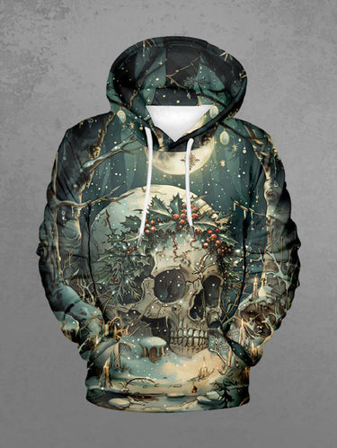 Gothic Plus Size Christmas Holly Fruit Snowflake Skull Tree Print Drawstring Pocket Hoodie For Men