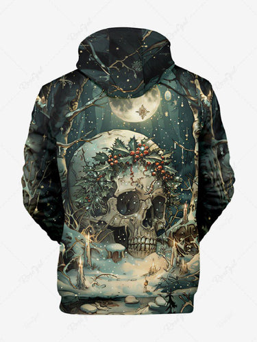 Gothic Plus Size Christmas Holly Fruit Snowflake Skull Tree Print Drawstring Pocket Hoodie For Men